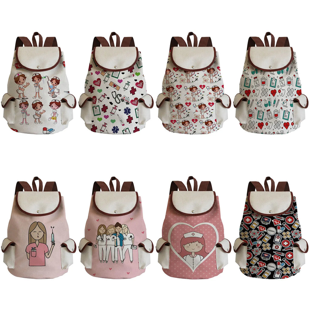 Cartoon Nurse Print Women's Backpack Large Capacity Portable Travel Outdoor Pack