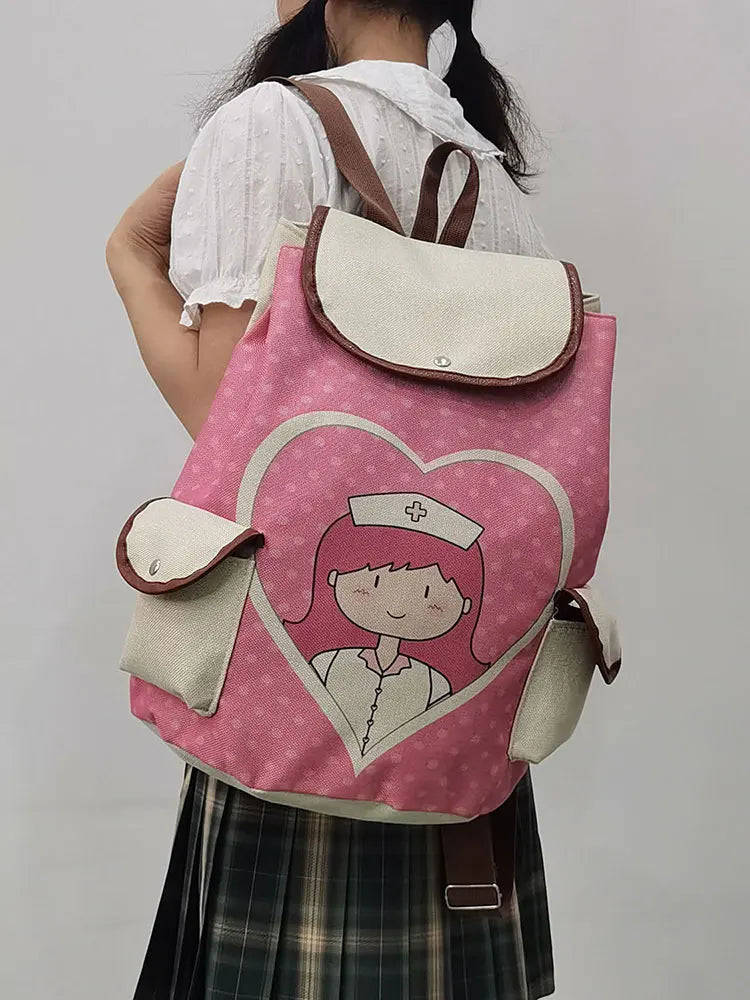 Cartoon Nurse Printed Backpack Girls School Bag For Teenager Drawstring Rucksack