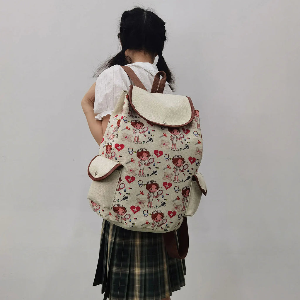 Cartoon Nurse Printed Backpack Girls School Bag For Teenager