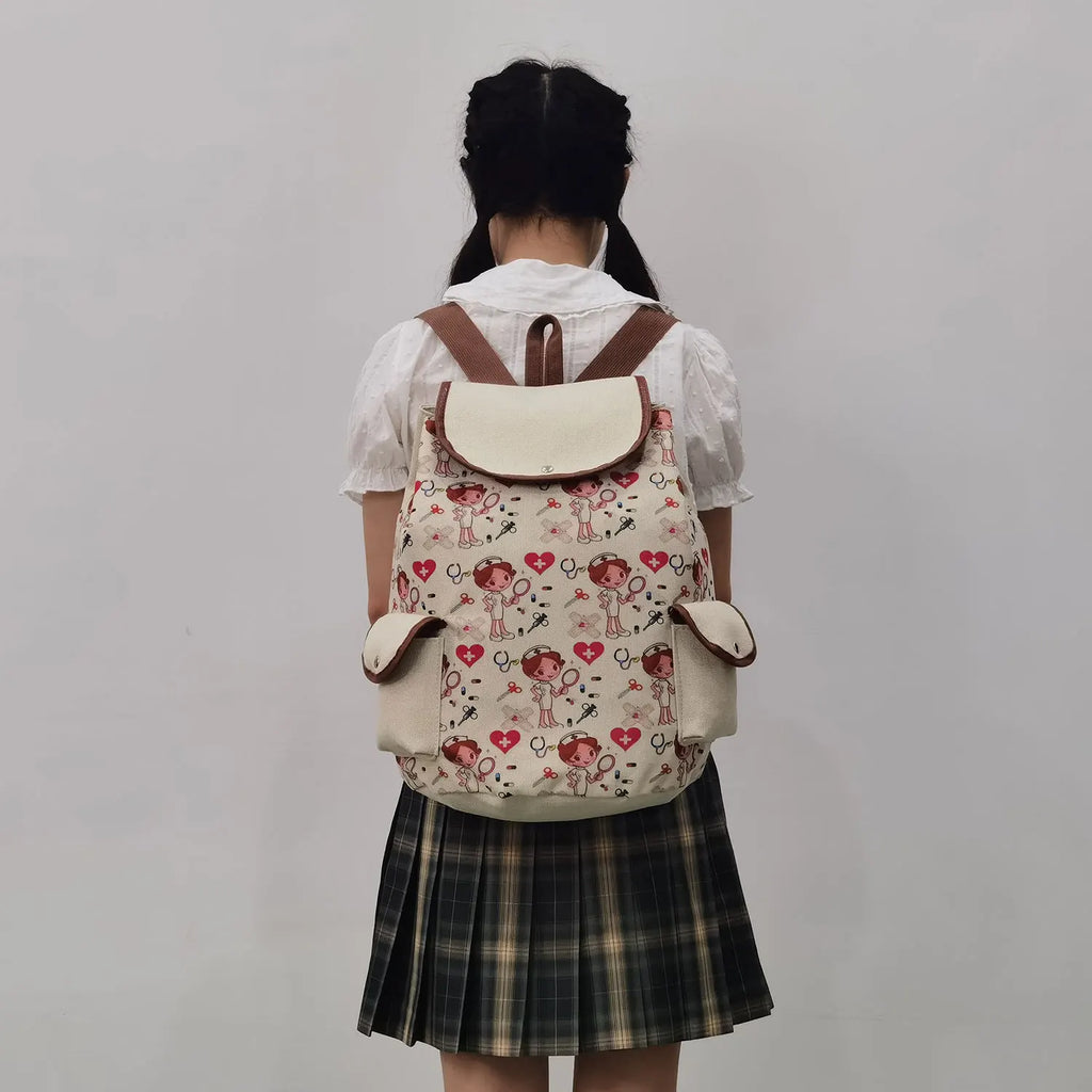 Cartoon Nurse Printed Backpack Girls School Bag For Teenager