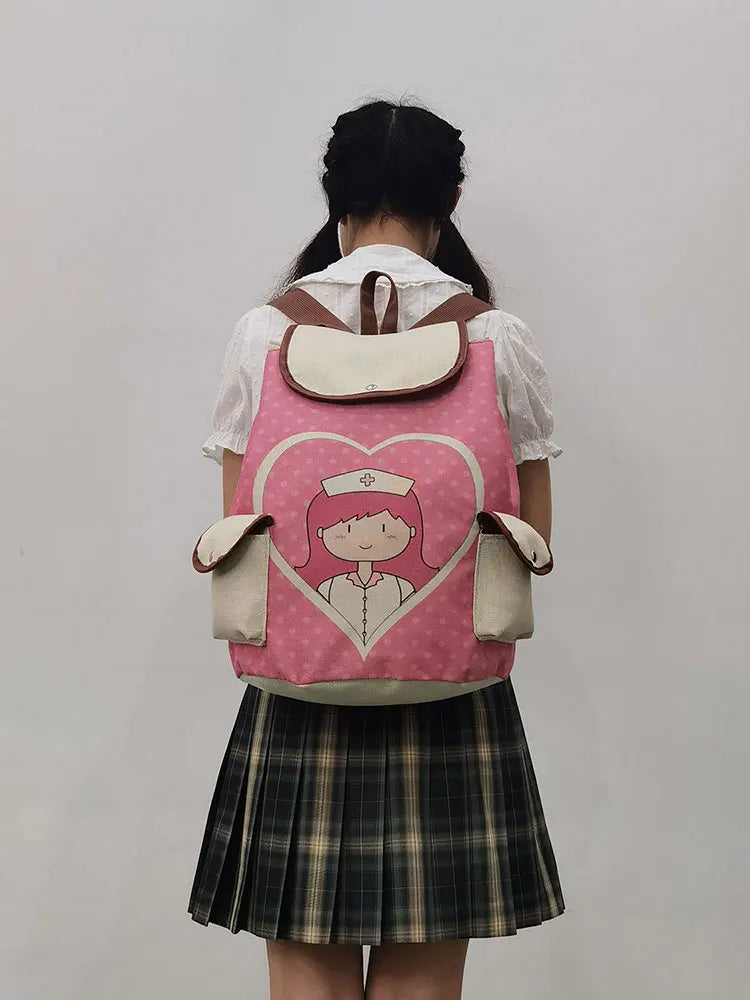 Cartoon Nurse Printed Backpack Girls School Bag For Teenager Drawstring Rucksack