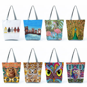 Cartoon Owl Print Handbags Portable Shoulder Tote Reusable Shopping Bags