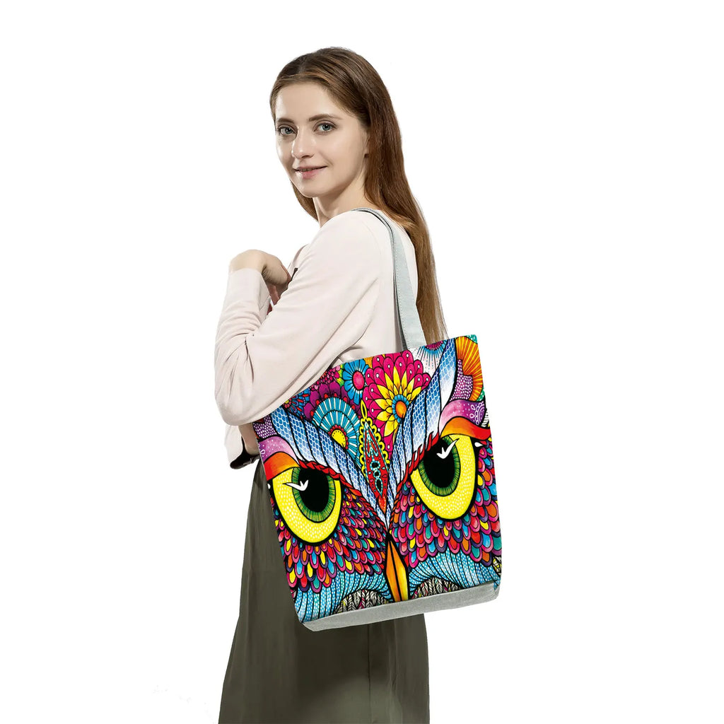 Cartoon Owl Print Handbags Portable Shoulder Tote Reusable Shopping Bags