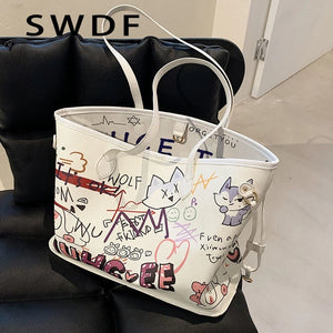 Cartoon Pattern Tote Bag PU Leather Women's Handbags Shopper Shoulder Bag