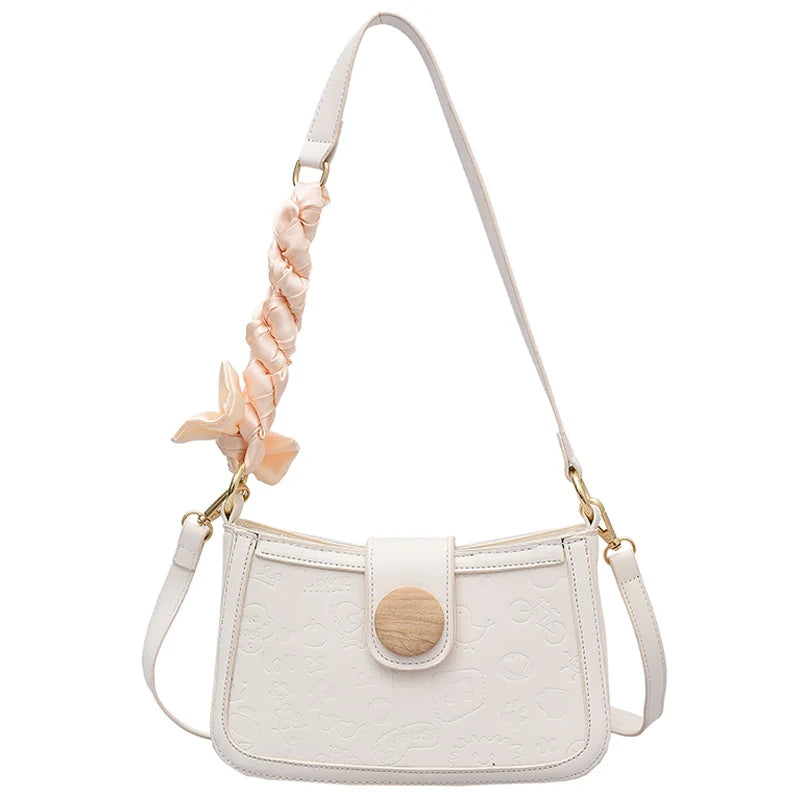 Cartoon Pattern Embossed Shoulder Bag for Women Silk Scarf Zipper