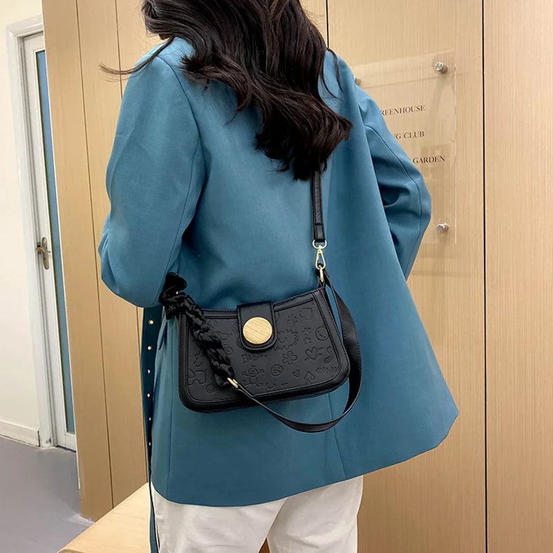 Cartoon Pattern Embossed Shoulder Bag for Women Silk Scarf Zipper