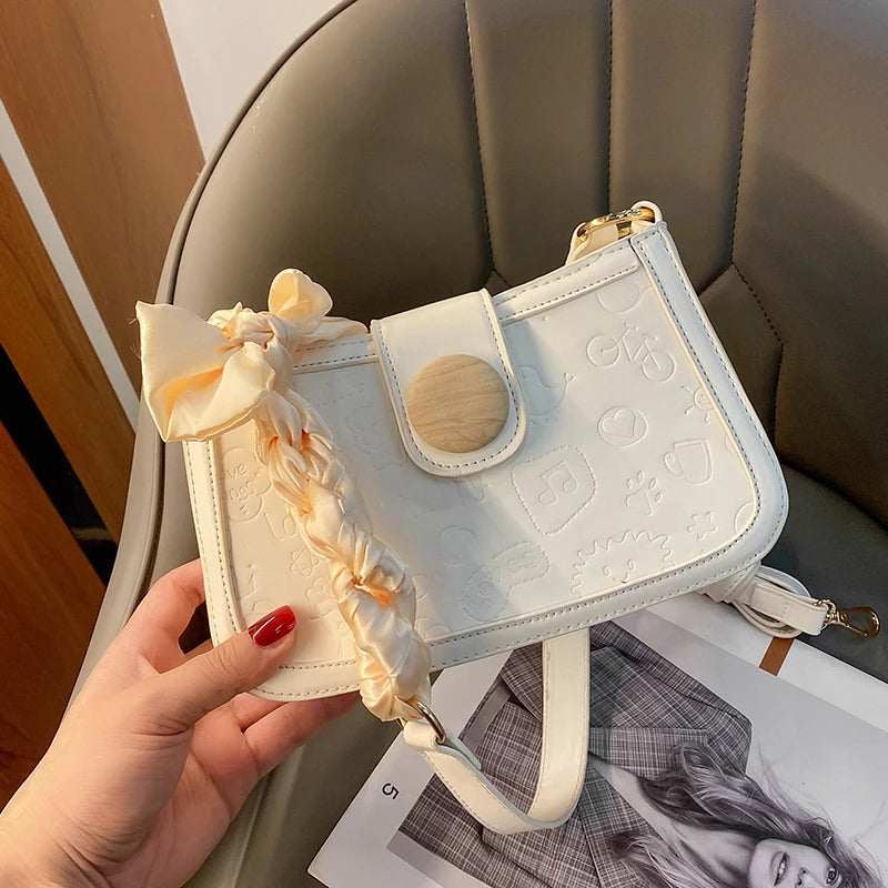 Cartoon Pattern Embossed Shoulder Bag for Women Silk Scarf Zipper