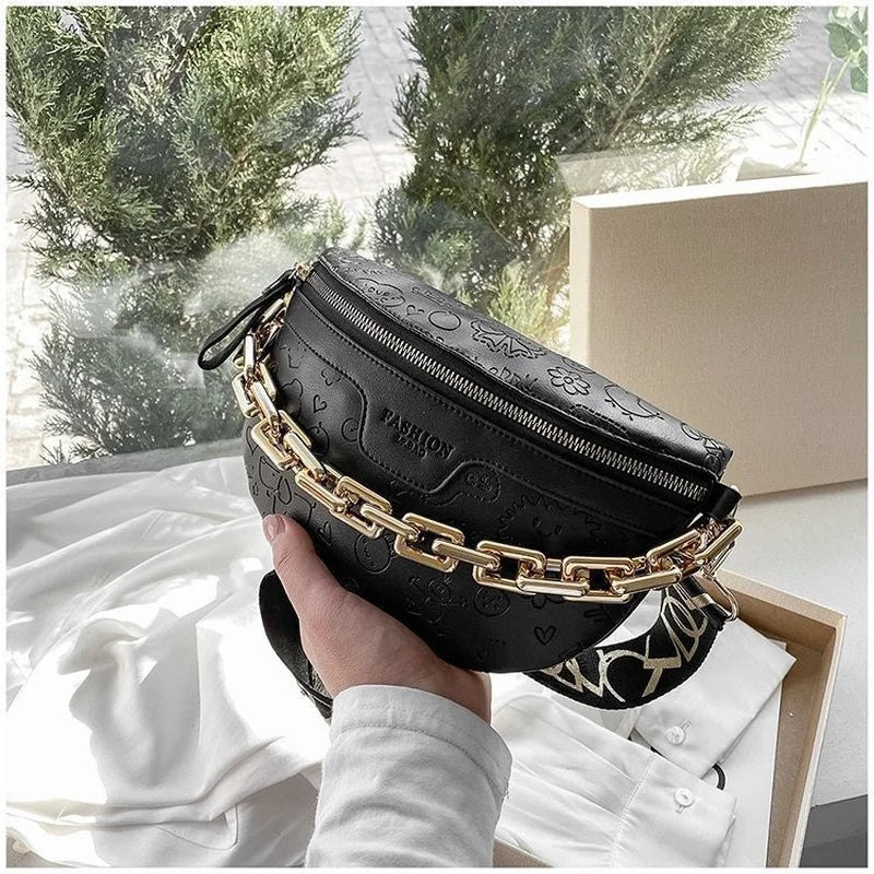 Cartoon Pattern PU Leather Waist Pack for Women Chain Fanny Pack