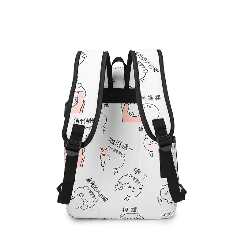 Cartoon Print Canvas Backpack 3 Pcs Set Women School Bags USB Charging