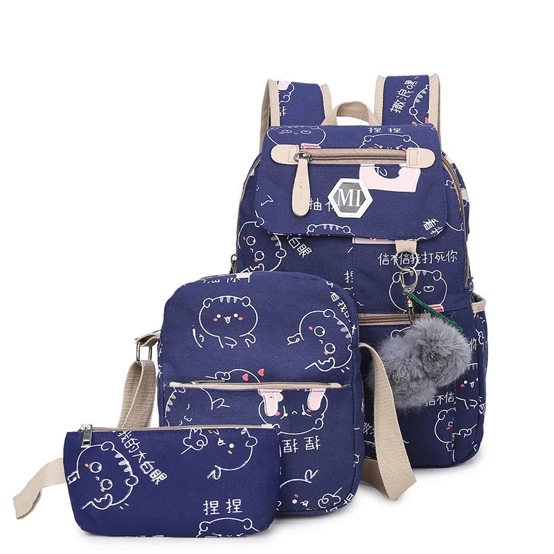 Cartoon Print Canvas Backpack 3 Pcs Set Women School Bags USB Charging