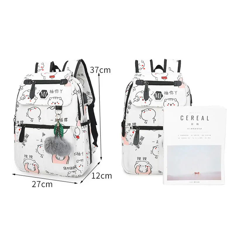 Cartoon Print Canvas Backpack 3 Pcs Set Women School Bags USB Charging