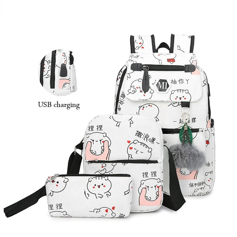 Cartoon Print Canvas Backpack 3 Pcs Set Women School Bags USB Charging