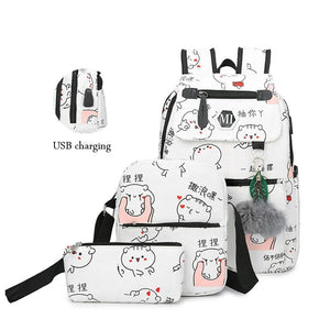 Cartoon Print Canvas Backpack 3 Pcs Set Women School Bags USB Charging