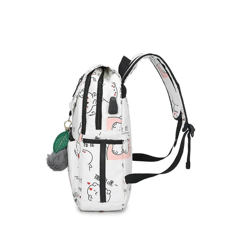 Cartoon Print Canvas Backpack 3 Pcs Set Women School Bags USB Charging