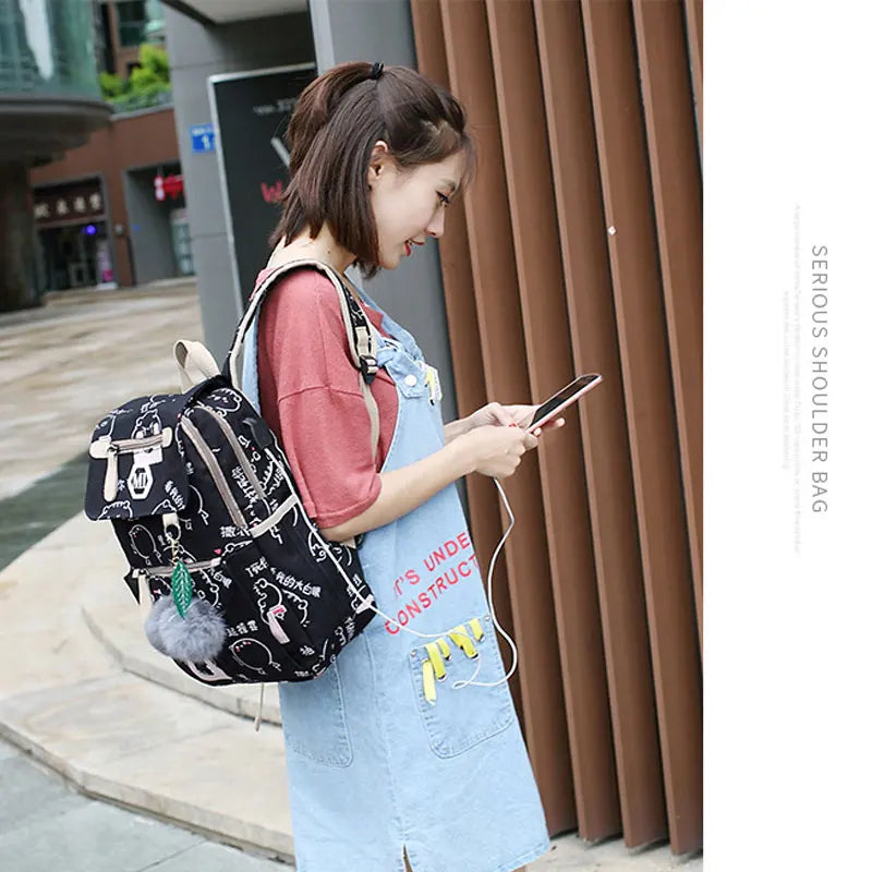 Cartoon Print Canvas Backpack 3 Pcs Set Women School Bags USB Charging