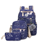 Cartoon Print Canvas Backpack 3 Pcs Set Women School Bags USB Charging