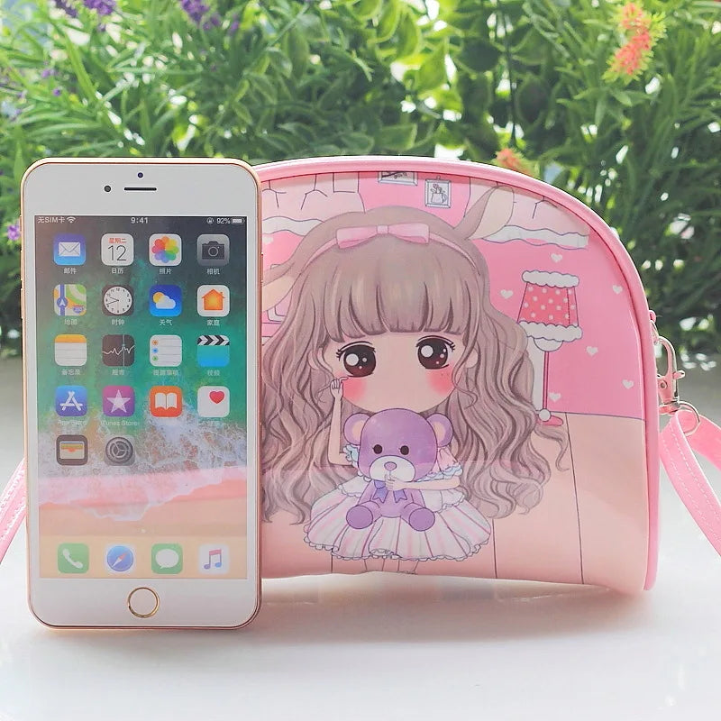 Cartoon Girls Messenger Bag Zipper PU Leather Cross Body Shell Bag