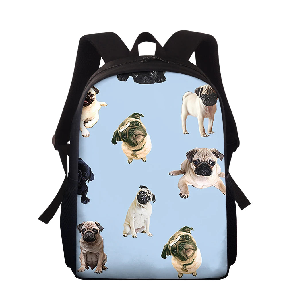 Cartoon Pug Dog Print Tote School Backpack Kids Bagpack Women Floral Laptop Bags