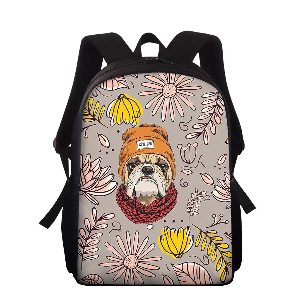 Cartoon Pug Dog Print Tote School Backpack Kids Bagpack Women Floral Laptop Bags