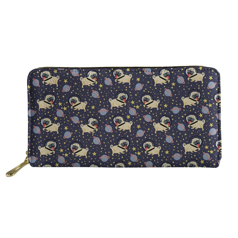 Cartoon Pug Floral Print Long Wallet Zipper Clutch Bag