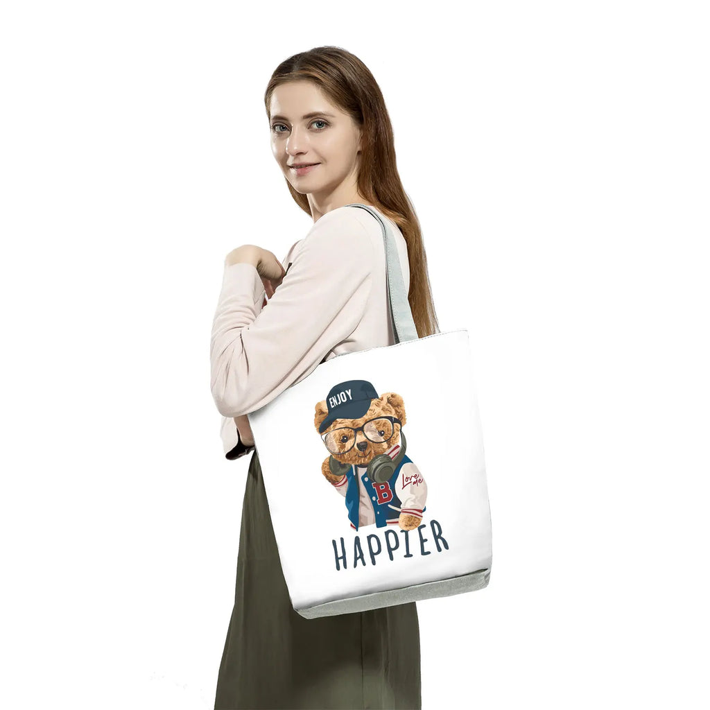 Cartoon Toy Bear Printed Tote Bag Eco Friendly Storage Shopping Bag