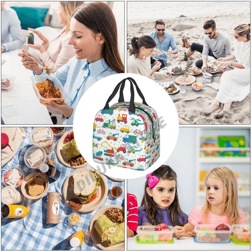 Cartoon Truck Car Puzzle Insulated Lunch Bag for Kids School