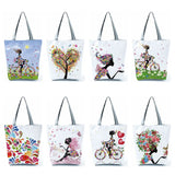 Cartoon Wishing Girl Print Large Women's Shopping Tote Bag Floral
