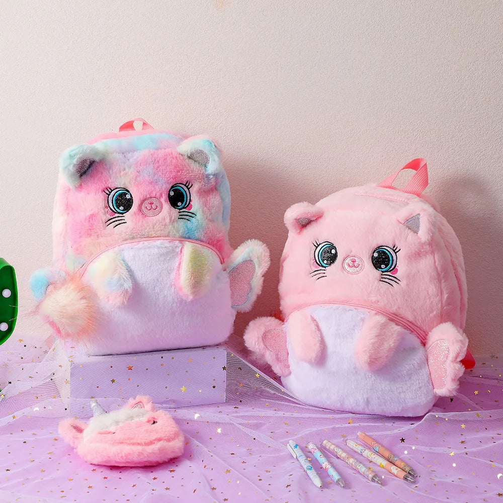 Cartoon plush big eyes backpack with wings for girls