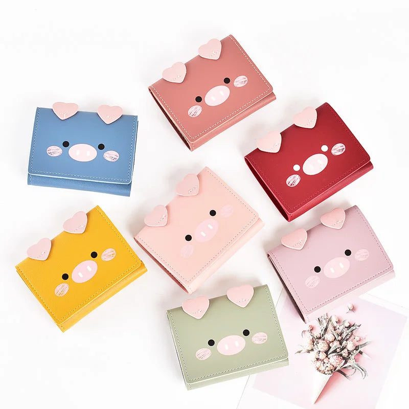 Cartoon Pig Small Wallet Female Short Soft Leather Student Three Fold