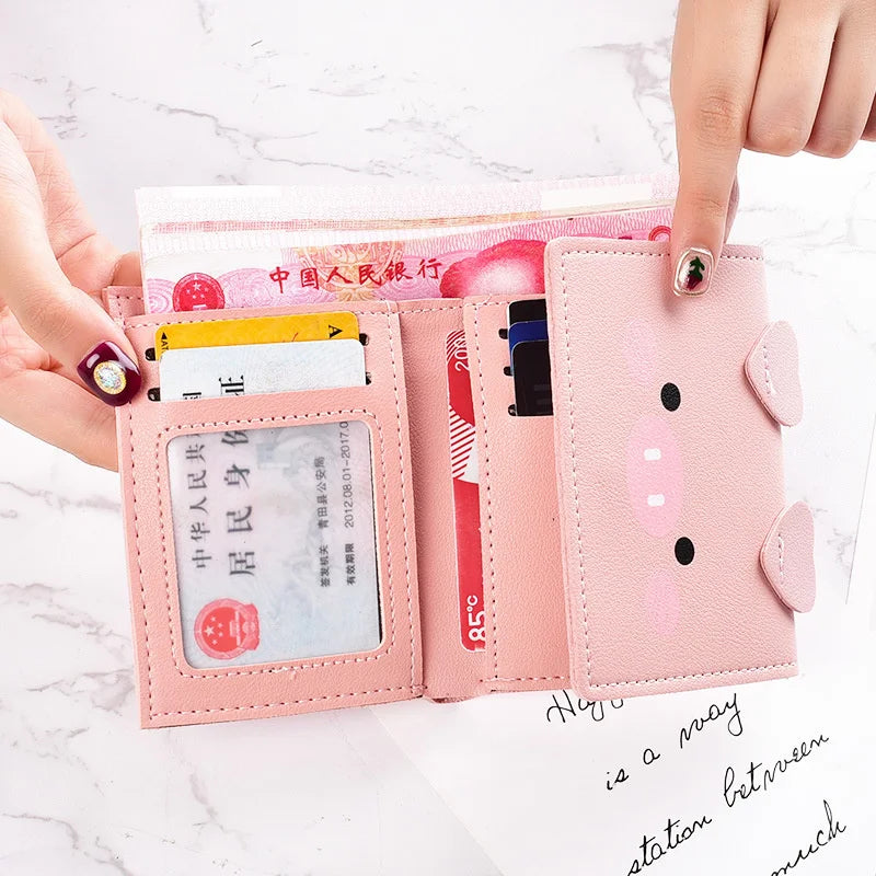 Cartoon Pig Small Wallet Female Short Soft Leather Student Three Fold