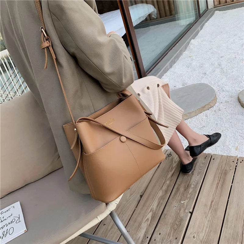 Casual Buckets Bag Women Shoulder Bags Soft Pu Leather Crossbody Bag