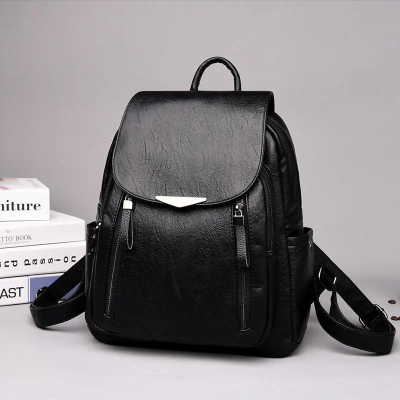 Casual Leather Backpack for Women Large Capacity Double Zipper Shoulder Bag