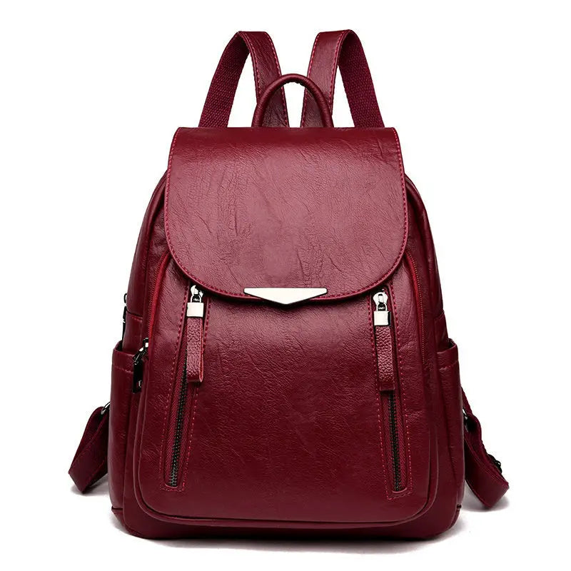 Casual Leather Backpack for Women Large Capacity Double Zipper Shoulder Bag