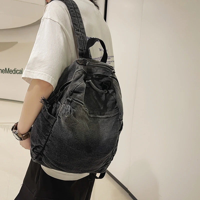 Casual Backpack Women Denim Travel Bag Vintage High Capacity Women's Backpack
