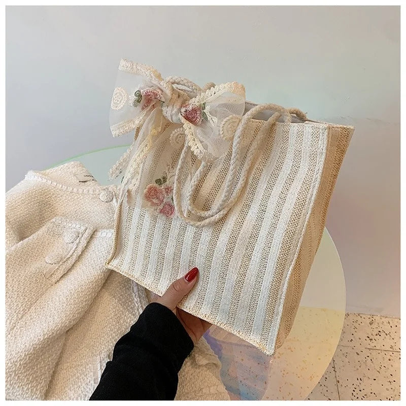 Casual Bow-knot Straw Bag Summer Ladies Shoulder Bag Tote Bag