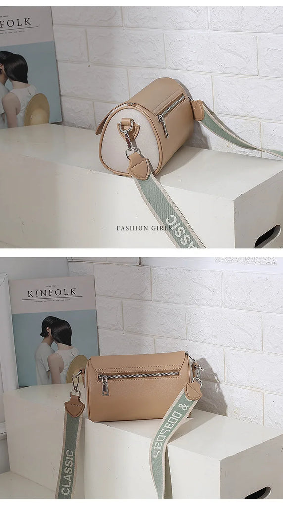 Casual Bucket Handbag Women PU Leather Shoulder Bag Wide Straps Crossbody