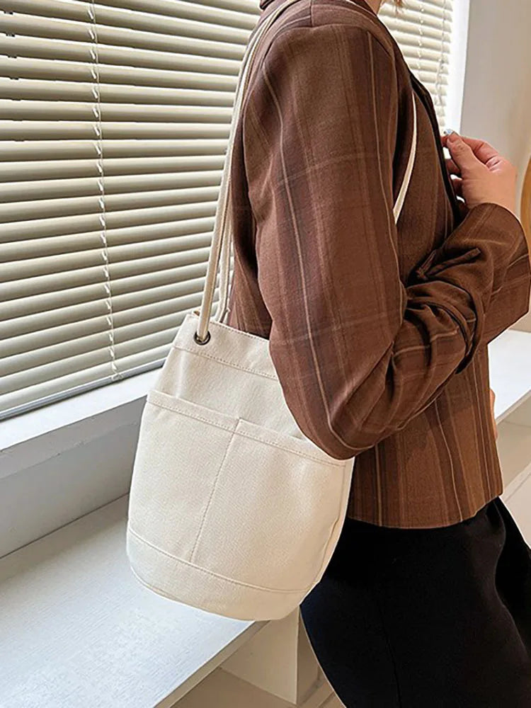 Casual Canvas Bucket Bags for Women Solid Shoulder Crossbody Bag