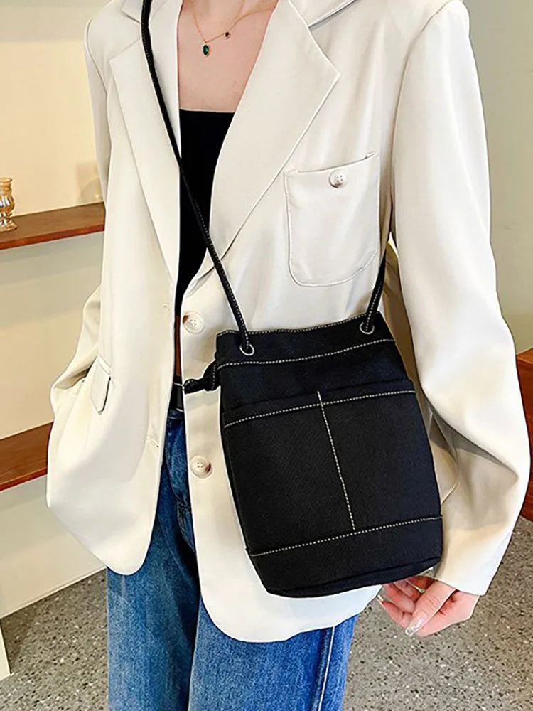Casual Canvas Bucket Bags for Women Solid Shoulder Crossbody Bag