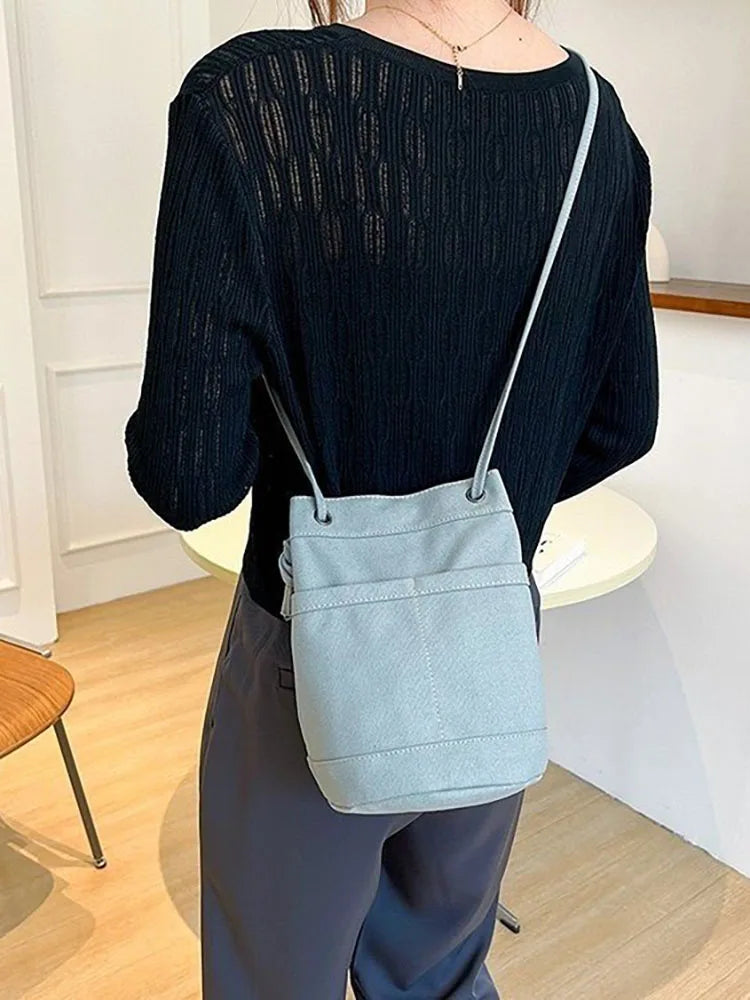 Casual Canvas Bucket Bags for Women Solid Shoulder Crossbody Bag