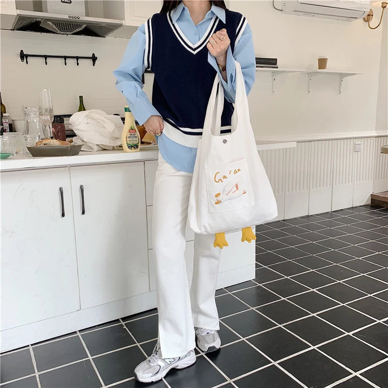 Plush Duck Tote Bag Casual Canvas Shoulder Bag for Women