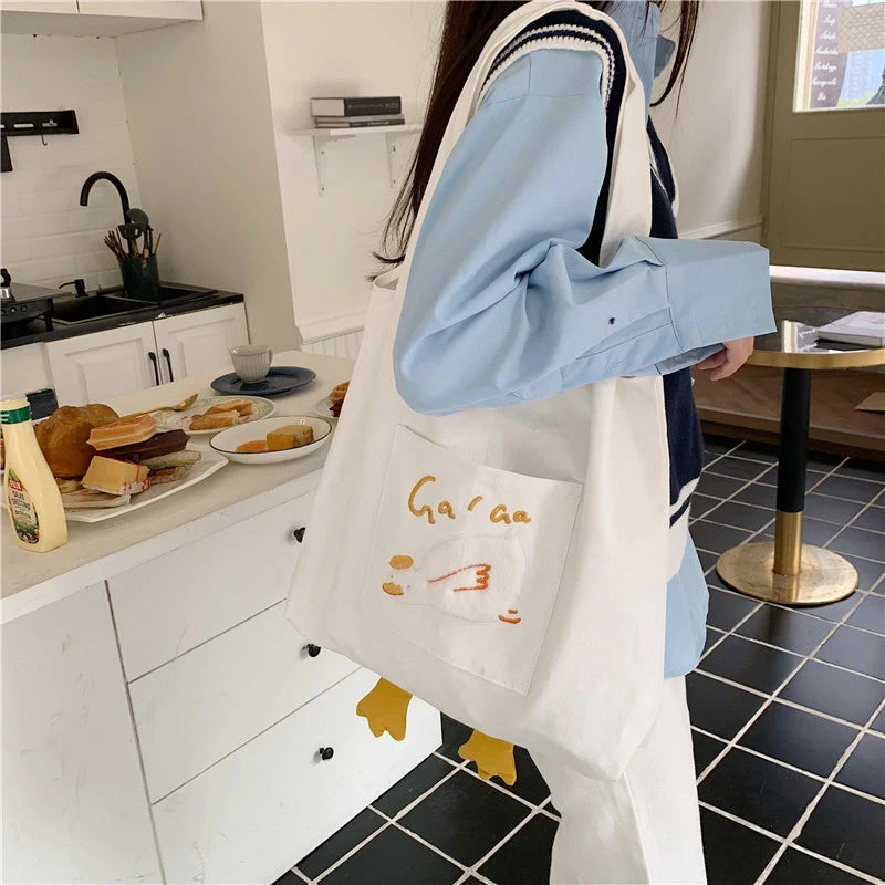 Plush Duck Tote Bag Casual Canvas Shoulder Bag for Women
