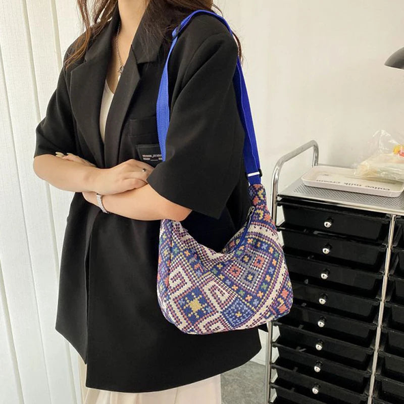 Casual Geometric Canvas Shoulder Bag for Women Large Capacity Tote Handbag