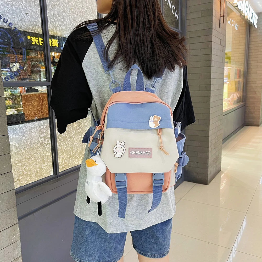 Cartoon Print Women Backpack Preppy Style Students Schoolbag