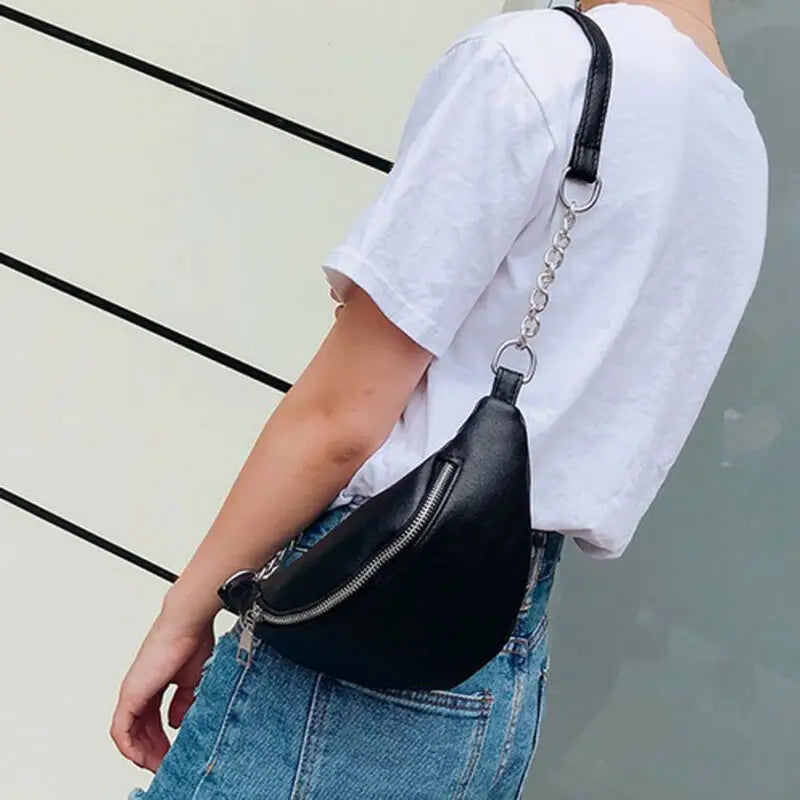 Casual Chain Lychee Leather Fanny Pack Waist Bag Waterproof Antitheft Women Band