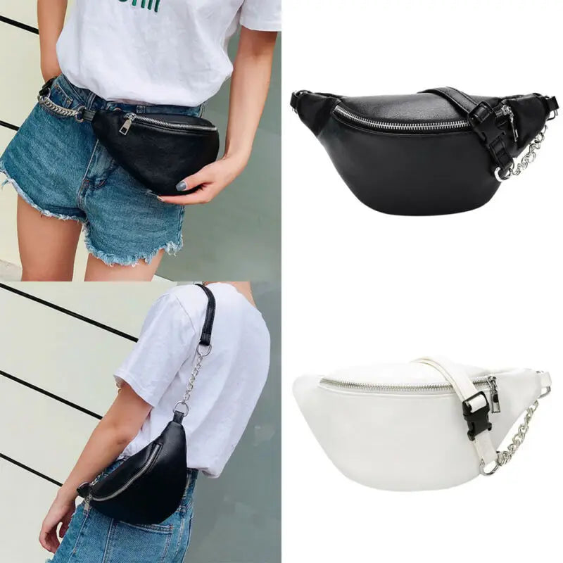Casual Chain Lychee Leather Fanny Pack Waist Bag Waterproof Antitheft Women Band