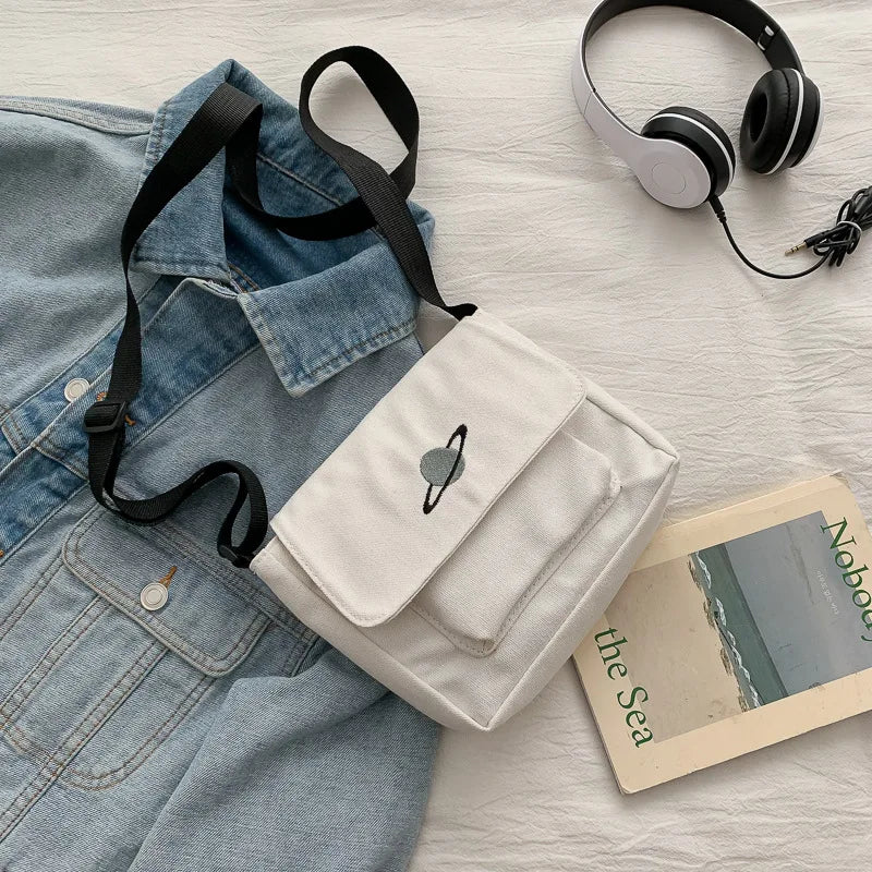 Celestial Print Canvas Messenger Bag Small Shoulder Bag for Women