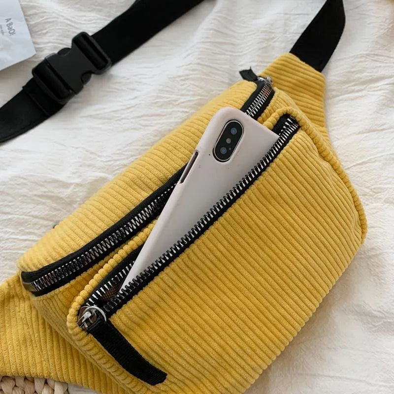 Casual Corduroy Women's Chest Bag Zipper Messenger Waist Bag