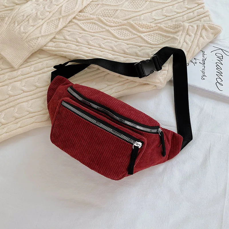 Casual Corduroy Women's Chest Bag Zipper Messenger Waist Bag