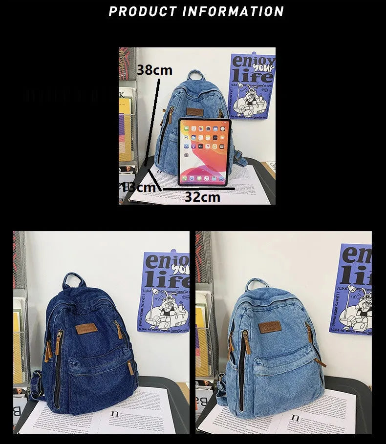 Casual Cowboy Women Backpack Large Capacity Denim Schoolbag for Teenage Girls