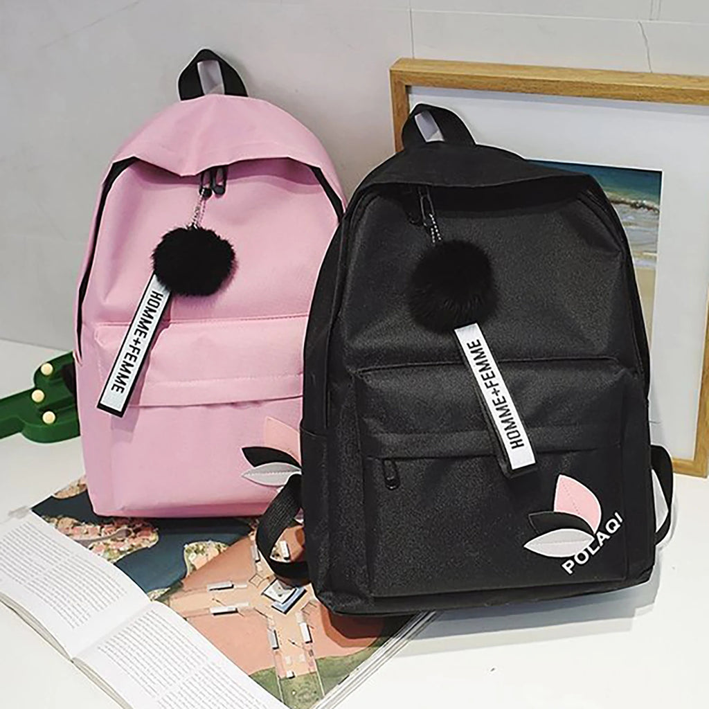 Casual Daypack Backpack Pompom Canvas Bookbag Anti-theft Stylish